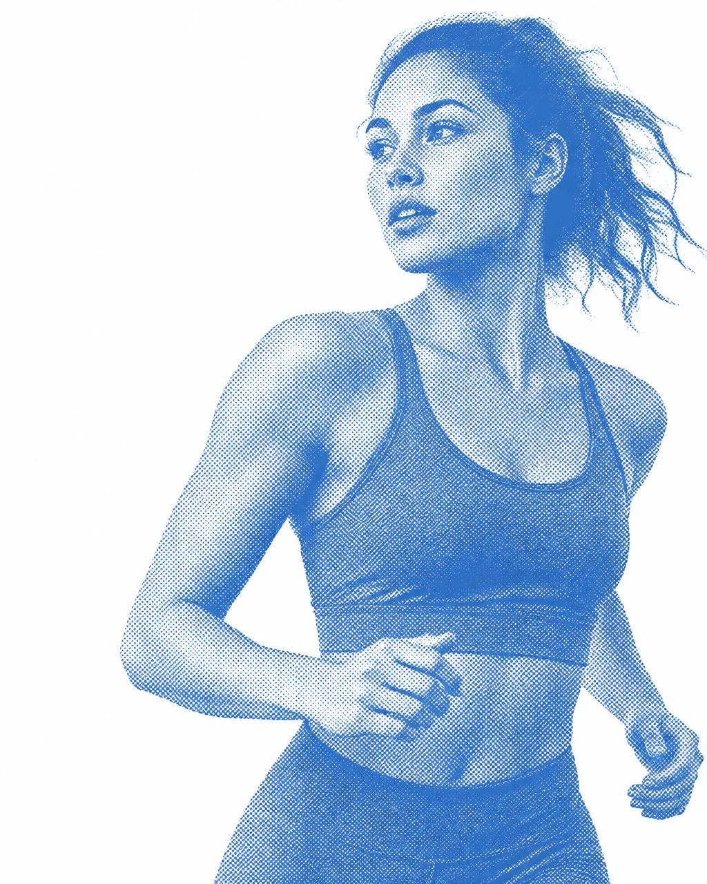 Blue dither portrait of a woman in motion
